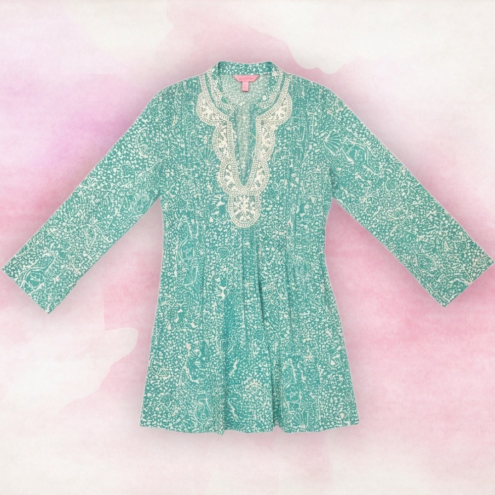 Lilly Pulitzer Sarasota Teal Beaded Sequin Tunic‎ Small Coastal Resort Vacation
